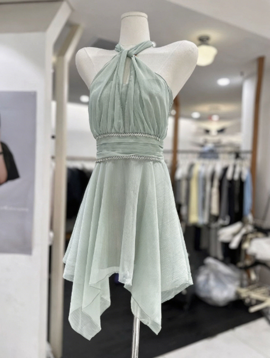 Elegant Homecoming Dress Halter Pleated Back to School Outfits Party Dress  D6561