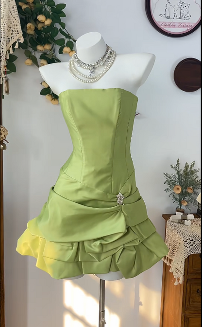 Pretty Homecoming Dress Strapless Pleated Rinestone Back to School Outfits Party Dress  D6598