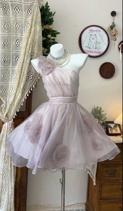 Pretty Homecoming Dress One Shoulder Flower Tulle  Back to School Outfits Party Dress  D6600