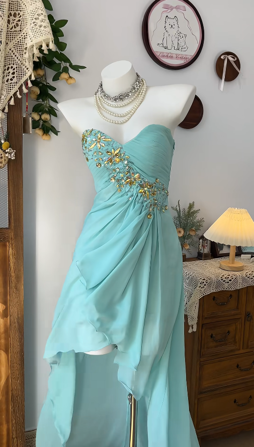Chic Homecoming Dress Sweetheart Pleated Rinestone Hi-Lo Back to School Outfits Party Dress  D6611