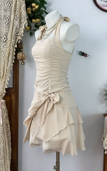 Pretty Homecoming Dress Halter Bowknot Pleated Back to School Outfits Party Dress  D6605