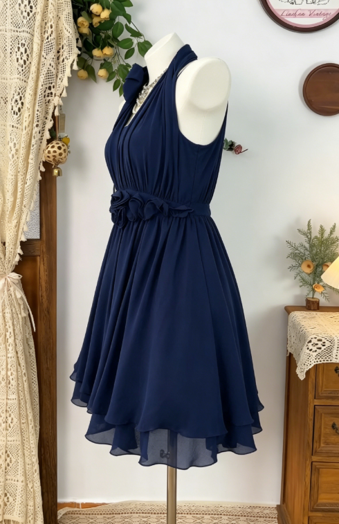 Pretty Homecoming Dress Halter Flower Pleated Back to School Outfits Party Dress  D6606