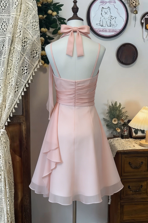 Chic Homecoming Dress Halter Pleated Back to School Outfits Party Dress  D6612