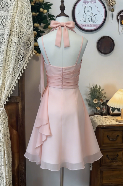 Chic Homecoming Dress Halter Pleated Back to School Outfits Party Dress  D6612