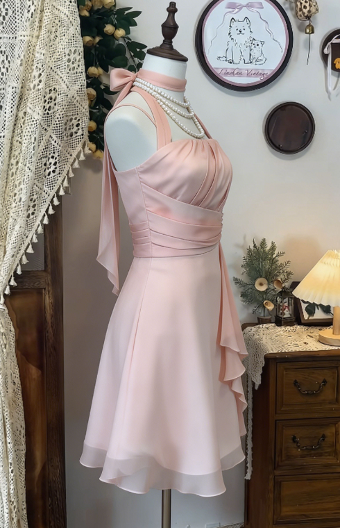 Chic Homecoming Dress Halter Pleated Back to School Outfits Party Dress  D6612
