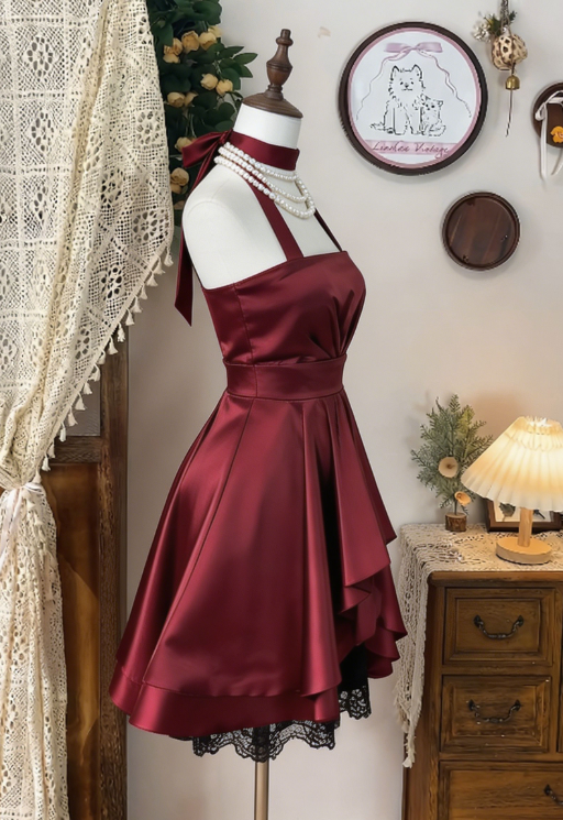 Chic Homecoming Dress Halter Lace Pleated Backless Back to School Outfits Party Dress  D6617