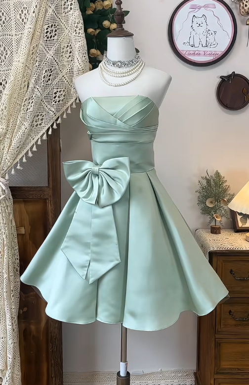 Chic Homecoming Dress Strapless Pleated Bowknot Back to School Outfits Party Dress  D6622