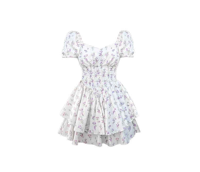 Waisted one-shoulder neckline puff sleeve princess puffy skirt 2025 new short floral skirt R0013