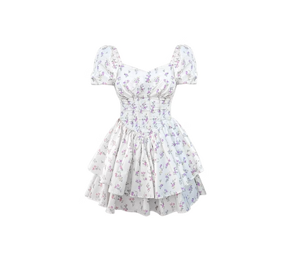 Waisted one-shoulder neckline puff sleeve princess puffy skirt 2025 new short floral skirt R0013