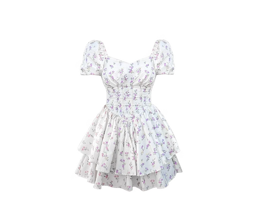 Waisted one-shoulder neckline puff sleeve princess puffy skirt 2025 new short floral skirt R0013