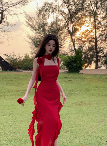 French style beautiful irregular ruffled red suspender dress sexy slit seaside holiday long dress R0213