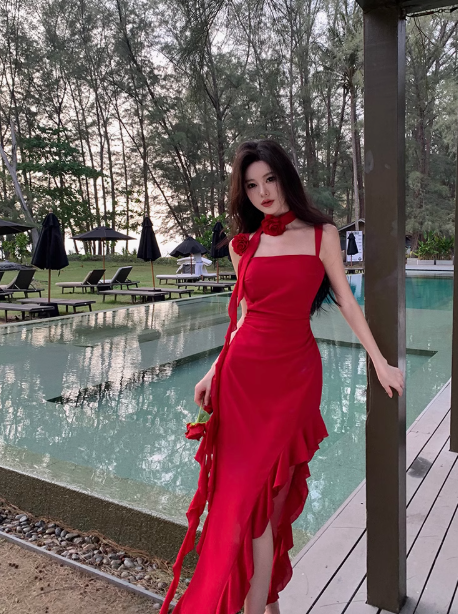French style beautiful irregular ruffled red suspender dress sexy slit seaside holiday long dress R0213