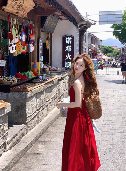 Yunnan Dali wear French red suspender dress with backless seaside vacation photo skirt R0217