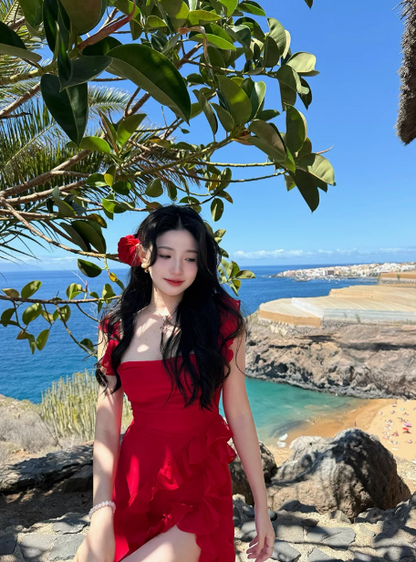 Pure desire hot girl red chiffon suspender dress irregular ruffle sexy slit holiday long skirt R0218
