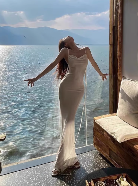 Pure desire style sexy white suspender dress niche backless super fairy seaside holiday long dress R0219