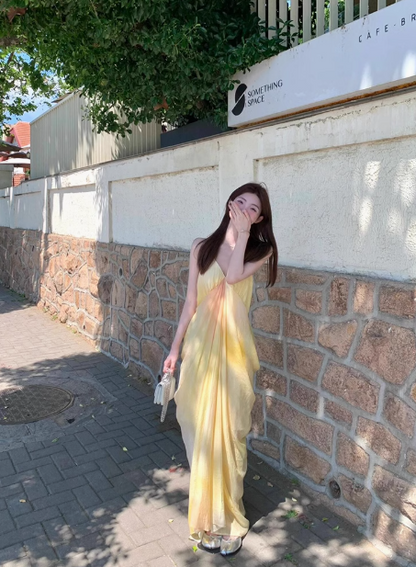 French style seaside holiday long dress with drape and yellow gradient print v-neck suspender dress R0220
