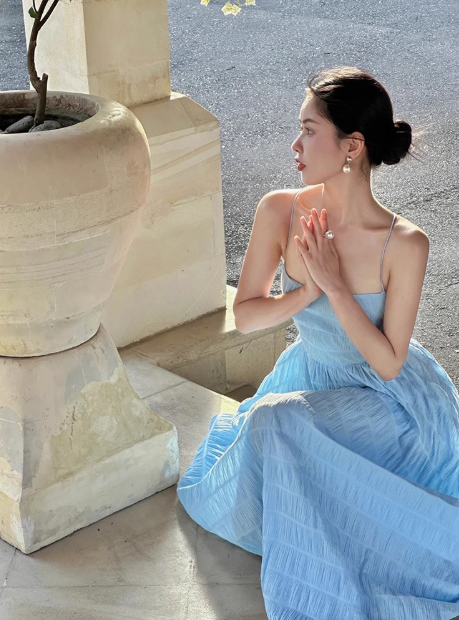 French sexy backless strap blue suspender dress atmosphere seaside holiday long dress R0221
