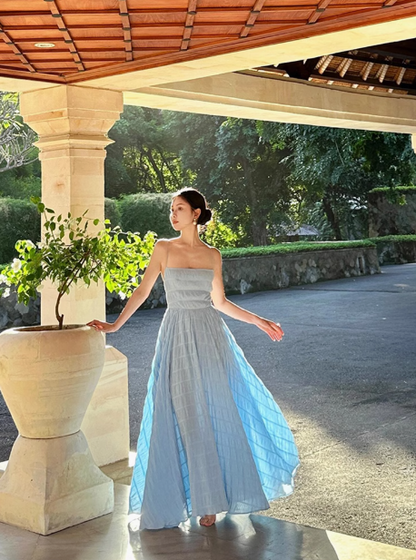 French sexy backless strap blue suspender dress atmosphere seaside holiday long dress R0221
