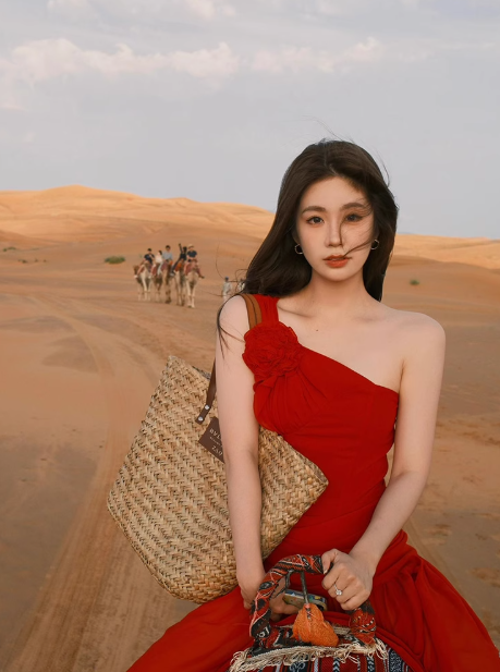 French hottie pure desire flower off-shoulder red dress female desert travel wear holiday long dress R0223