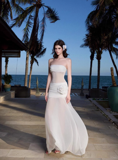 French pure sexy see-through white mesh flower tube top dress holiday temperament hip long skirt R0226