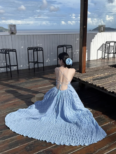 Super fairy blue pure desire holiday style backless dress with large skirt and suspenders R0232