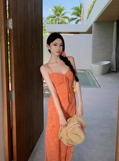 French chiffon floral dress waist-hugging white orange suspender dress seaside holiday long dress R0239