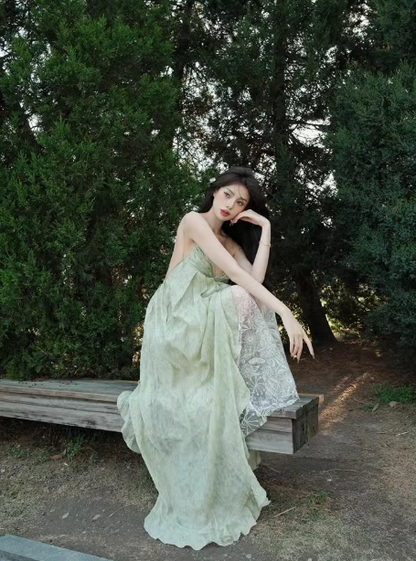 French style green v-neck suspender dress seaside holiday pure sexy backless long dress R0241