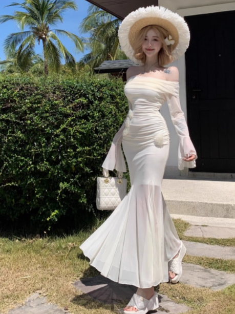 French style gentle white one-shoulder long-sleeved dress waist-hugging hip mesh long skirt R0246
