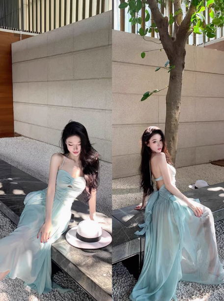 French fairy style blue halter neck suspender dress seaside super fairy pure backless long dress R0250
