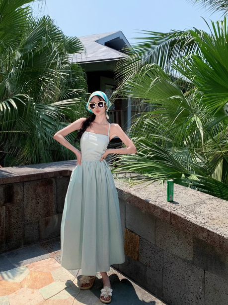 Mint Mambo Dress Backless Beach Vacation Suspender Dress Pure Desire Waist A-line Midi Dress R0252