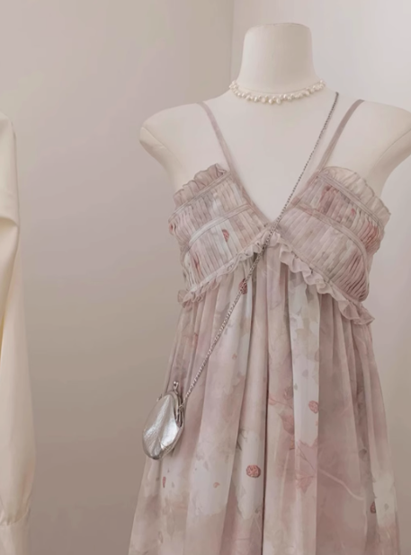 Small fresh French first love long skirt pure desire sweet style floral suspender sleeveless dress R0255
