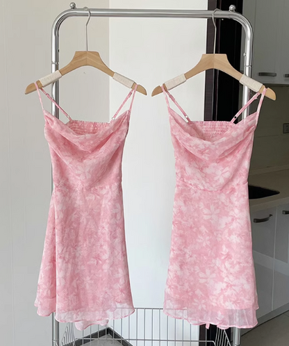 Pink romantic floral dress 2025 summer slim pure short skirt suspender dress R0256