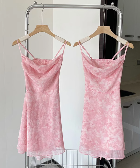 Pink romantic floral dress 2025 summer slim pure short skirt suspender dress R0256