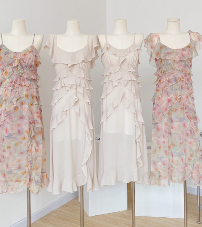 Suspender dress for women high-end summer pure French style sleeveless floral v-neck chiffon dress R0260