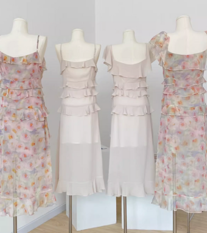 Suspender dress for women high-end summer pure French style sleeveless floral v-neck chiffon dress R0260