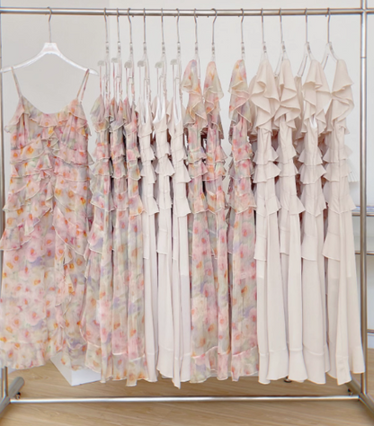 Suspender dress for women high-end summer pure French style sleeveless floral v-neck chiffon dress R0260