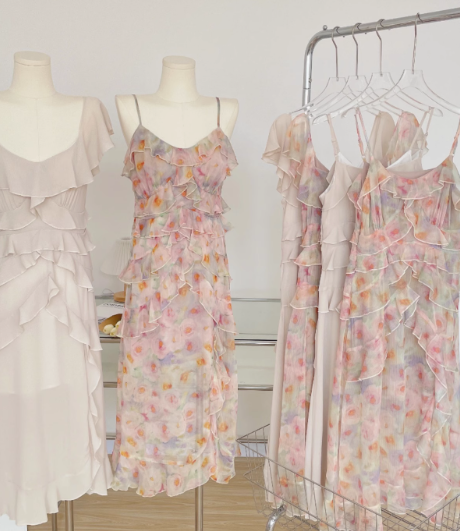 Suspender dress for women high-end summer pure French style sleeveless floral v-neck chiffon dress R0260