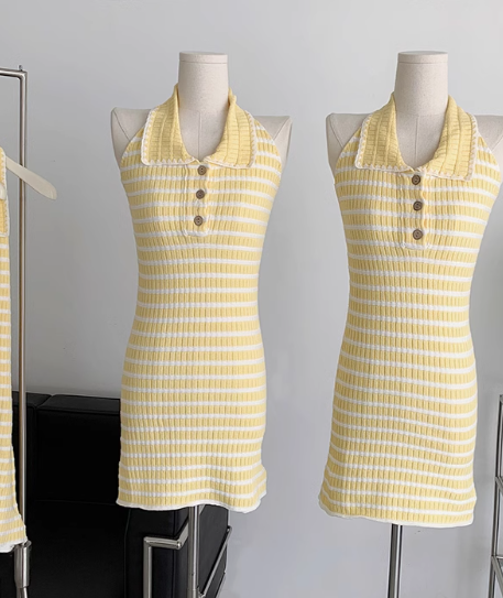 Lemon Cream Hot Girl Backless Knitted Skirt Women's Summer Sweet Polo Dress R0262