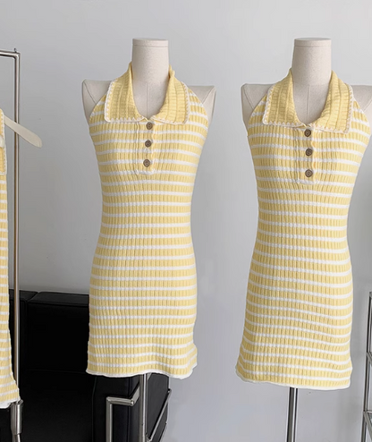 Lemon Cream Hot Girl Backless Knitted Skirt Women's Summer Sweet Polo Dress R0262