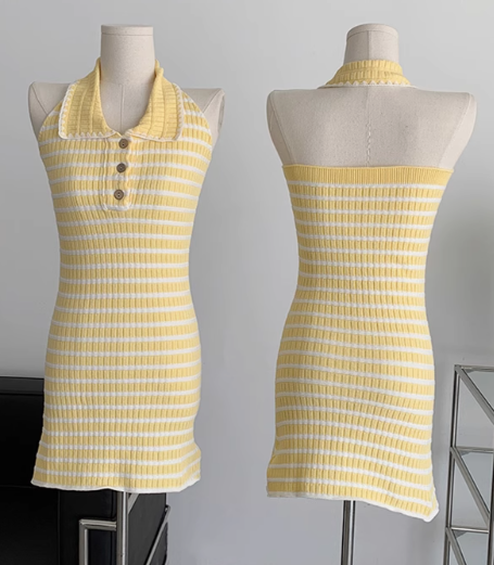 Lemon Cream Hot Girl Backless Knitted Skirt Women's Summer Sweet Polo Dress R0262
