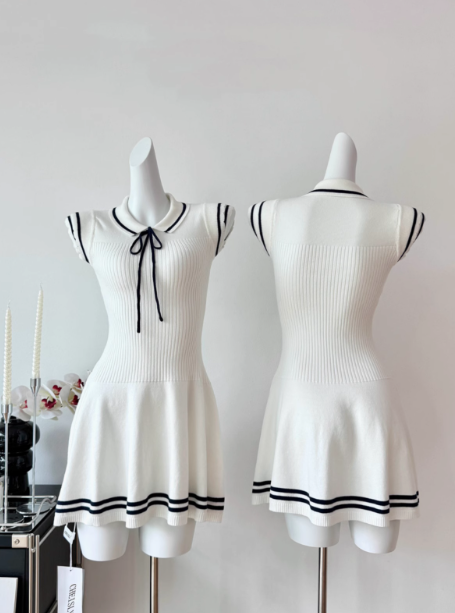 2025 fashion wear commuter college navy style small flying sleeves soft glutinous knitted lace dress R0263