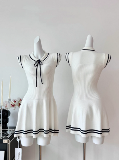 2025 fashion wear commuter college navy style small flying sleeves soft glutinous knitted lace dress R0263