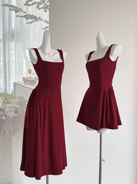 Temperament red U-neck suspender dress female 2025 new French niche high-end a-style skirt R0265