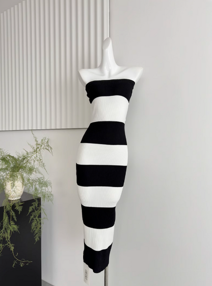 Fashion new black and white knitted striped long one-shoulder waisted hip-wrapped tube top dress R0267