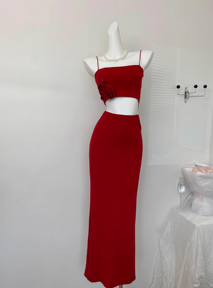 2025 summer new beach short sleeveless red flower suspender top sexy hip skirt suit for women R0270
