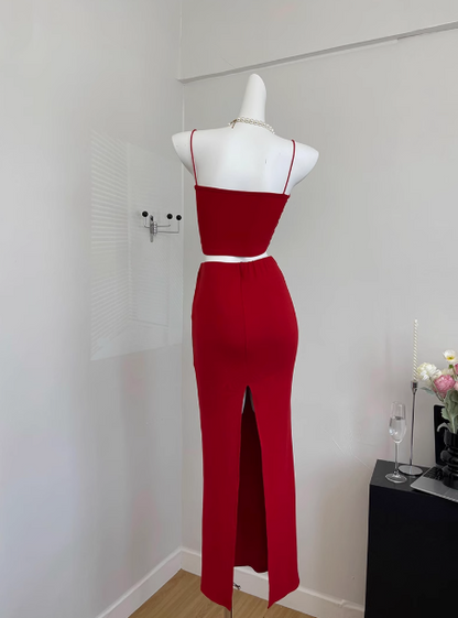 2025 summer new beach short sleeveless red flower suspender top sexy hip skirt suit for women R0270