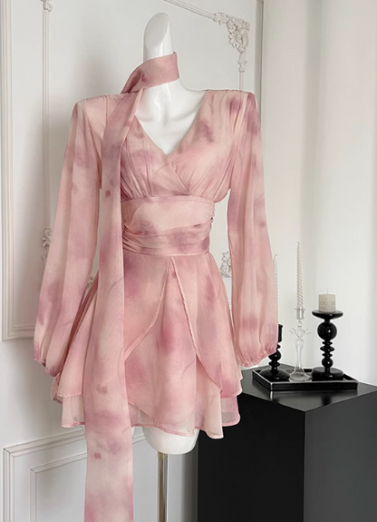 2025 summer new fairy dress temperament gentle style ribbon long sleeve v-neck dress R0272