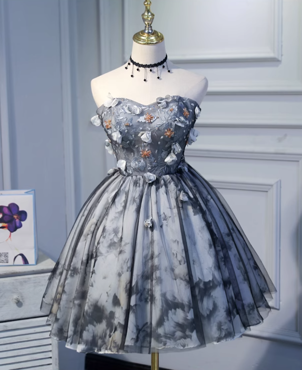 Elegant Gray 3D Flowers Design A-line Mesh Strapless Short Homecoming Dress, D1361