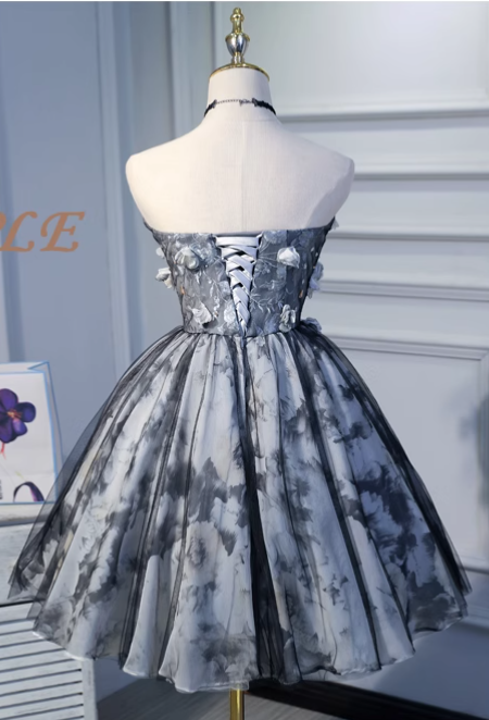 Elegant Gray 3D Flowers Design A-line Mesh Strapless Short Homecoming Dress, D1361