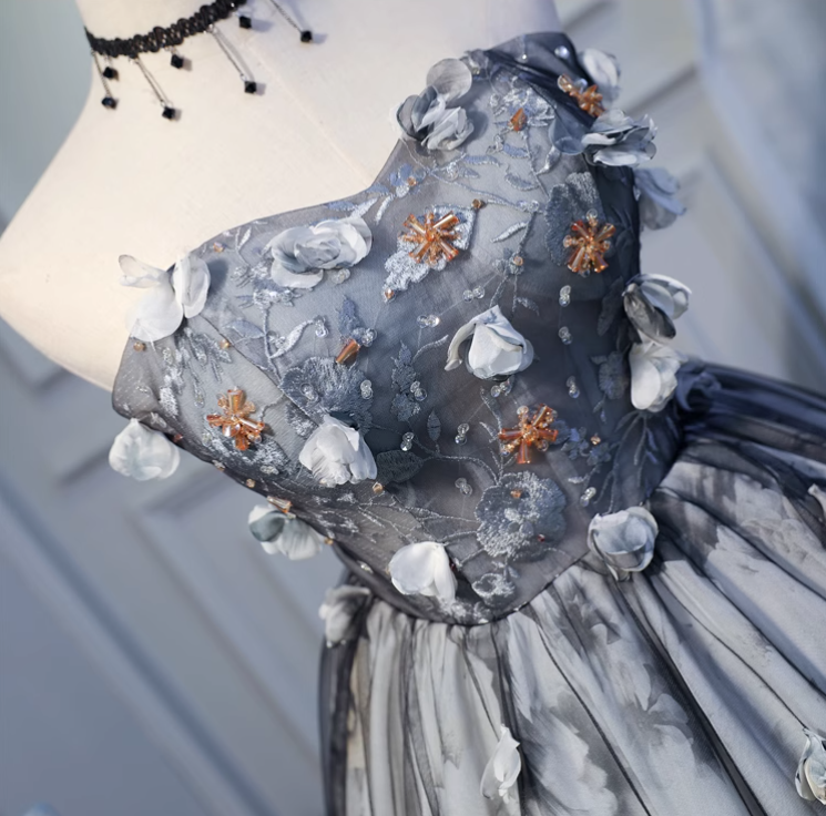 Elegant Gray 3D Flowers Design A-line Mesh Strapless Short Homecoming Dress, D1361